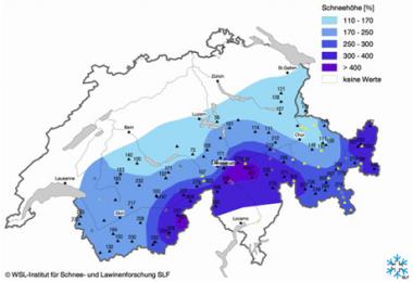 Sneeuwhoogte Zwitserland ten opzichte van 10 jarig gemiddelde